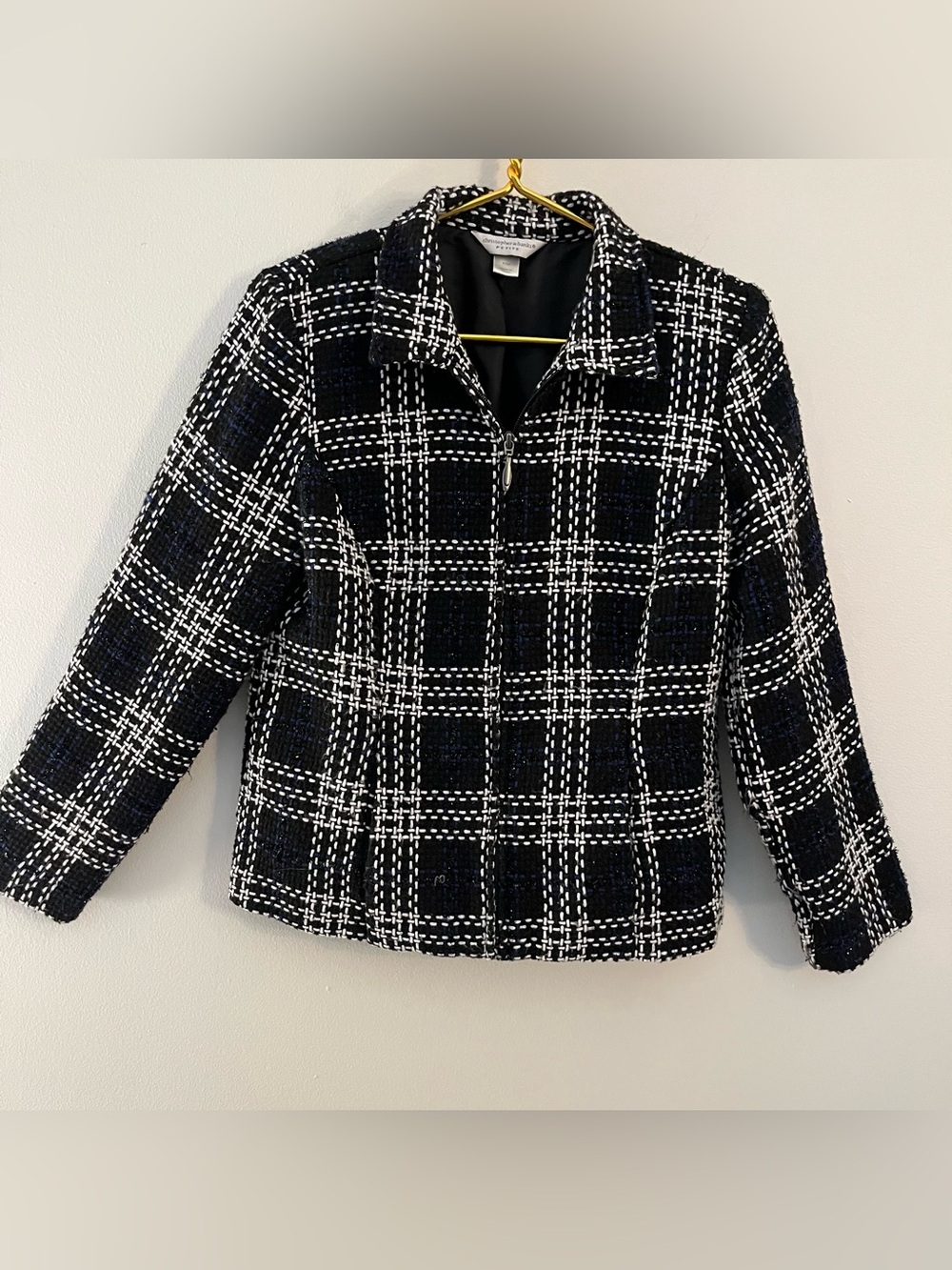 Women’s Black White Blue Sparkle Plaid Textured Wool Blend Zip Jacket Blazer MP